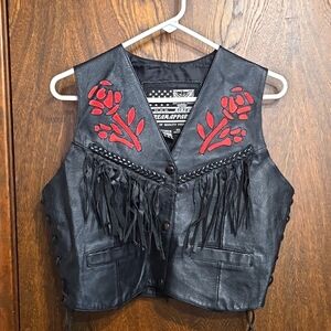 Women's Black Leather biker vest with fringe. Very Cool.